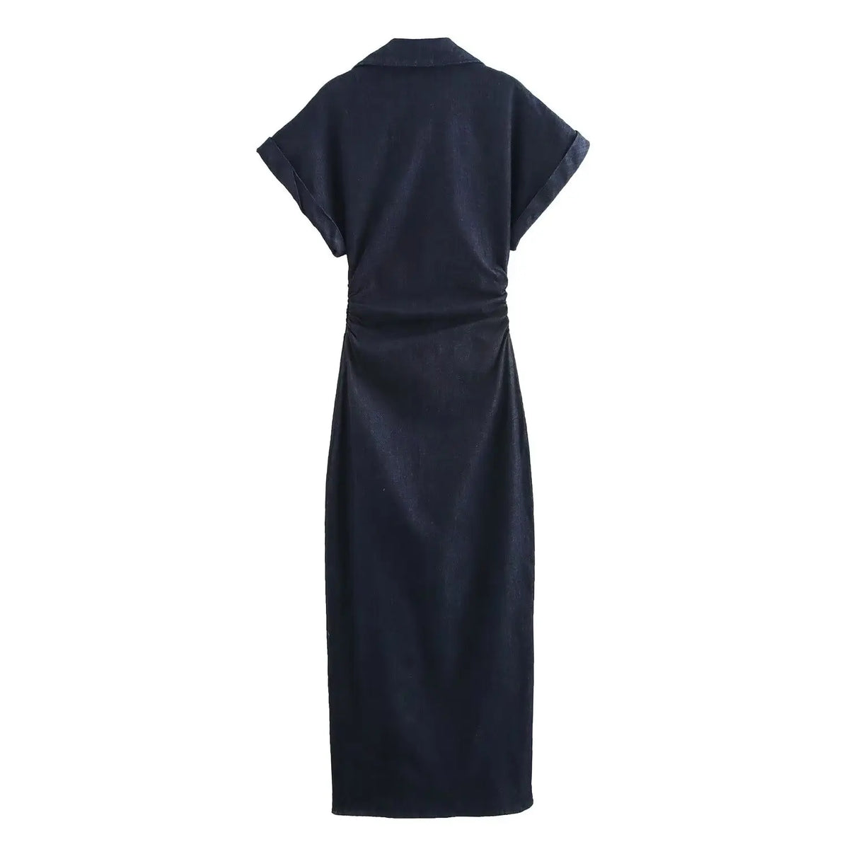 Etj primavera nova série 1975 denim midi vestido com lapela zíper lateral moda rugas cintura magro vestido elegante