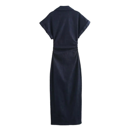 Etj primavera nova série 1975 denim midi vestido com lapela zíper lateral moda rugas cintura magro vestido elegante