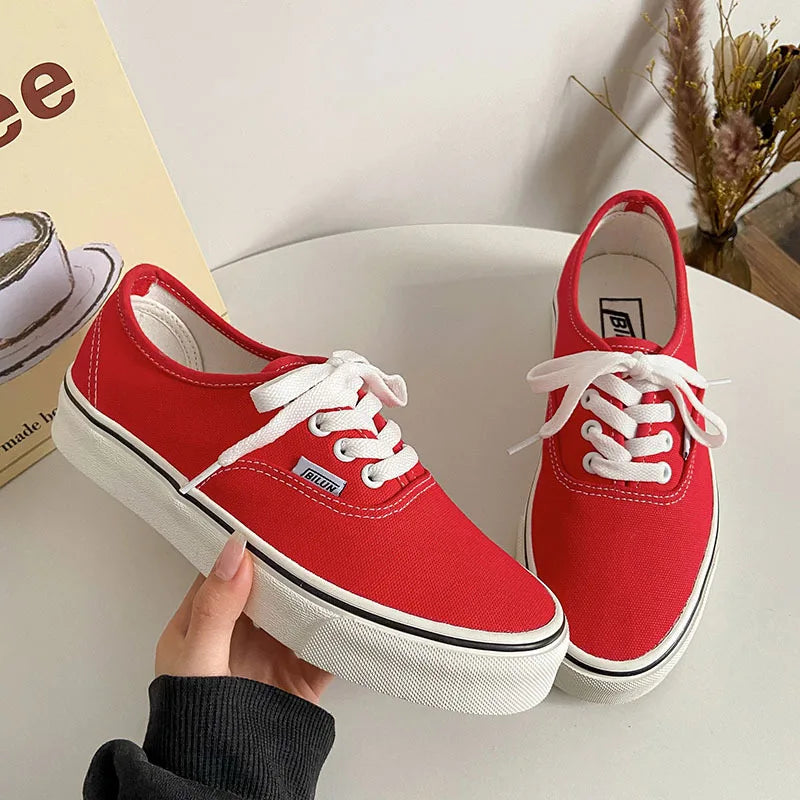Casual apartamentos tênis de lona feminino ao ar livre cor sólida rasa sapatos esportivos tênis feminino streetwear rendas até sapatos vulcanizados