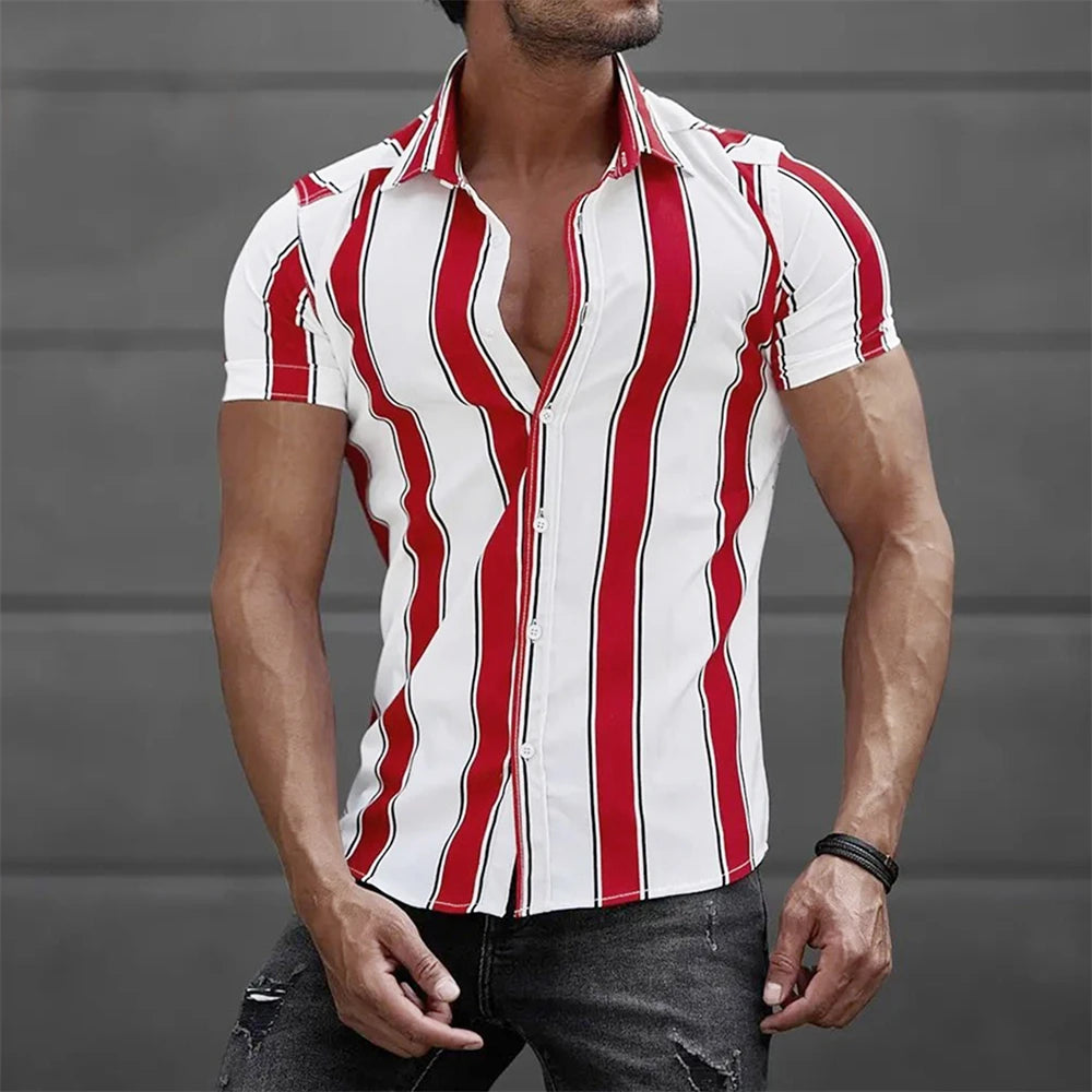 Camiseta listrada de manga curta com botão havaiano masculina, blusa xadrez, roupa de praia vermelha, camisa preta e branca, roupas masculinas, verão