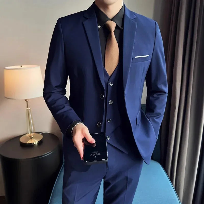 Terno (blazer + colete + calças) masculino elegante cavalheiro negócios estilo britânico cor sólida banquete anfitrião casual terno de casamento