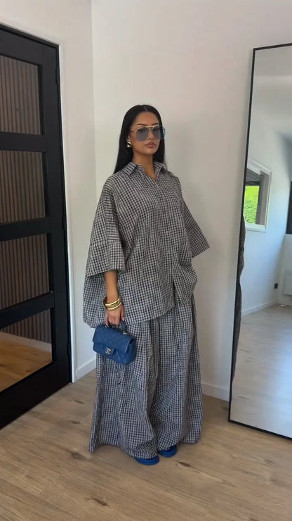 Fashion Solid Long Pants Set Women Chic Lapel Single Breasted Shirt High Waist Wide Leg Trousers 2026 Spring Summer 2 Pcs Outfit