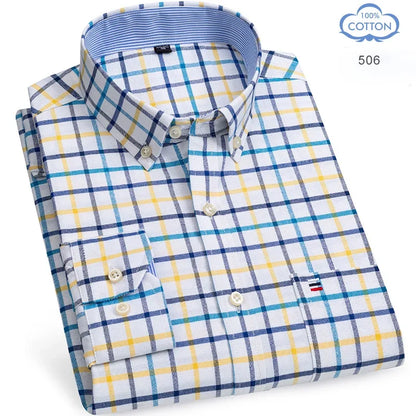 2025 camisa social masculina puro algodão oxford marca de luxo fino macio abotoado xadrez formal trabalho roupas ocidentais