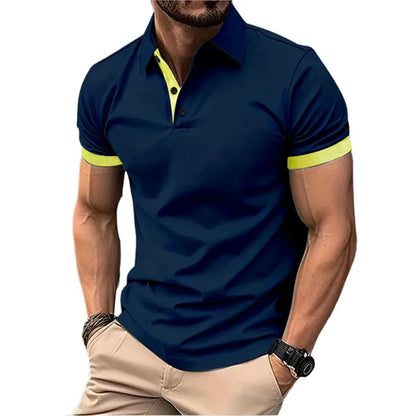 Camisa polo masculina de manga curta, corte slim casual, com blocos de cores, estilo inglês streetwear. Moda masculina.