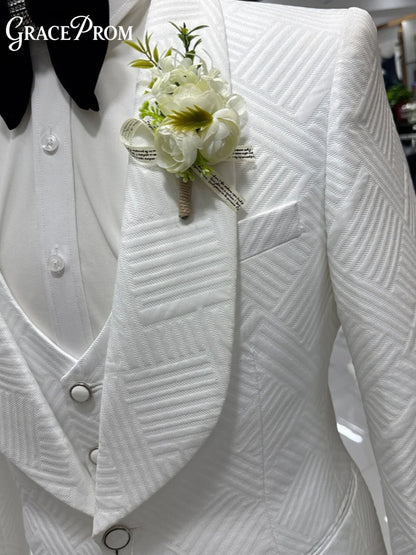 Elegante Terno Masculino Branco Geométrico Jacquard 3 Peças 2026 Formal com Lapela Xale para Noivo e Padrinhos – Ideal para Casamento, Baile de Formatura e Festas