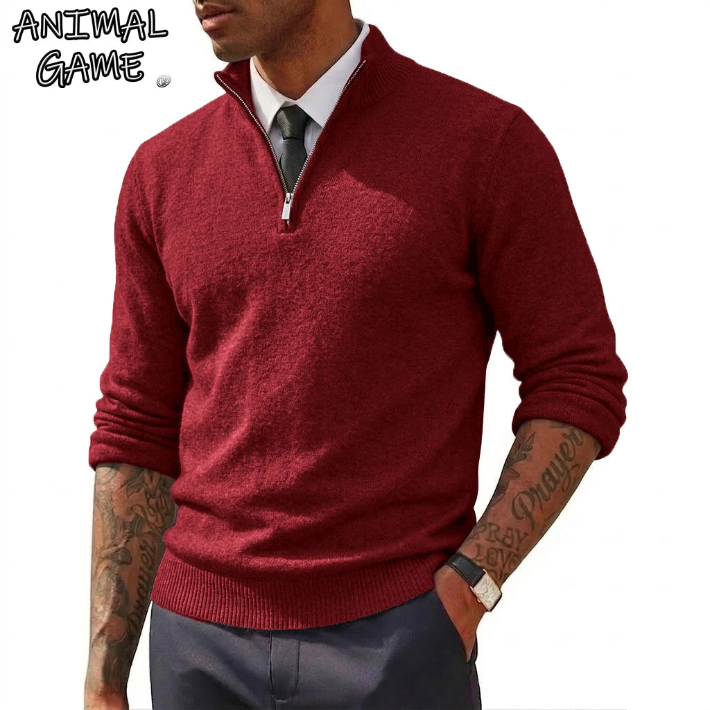 Novos Suéteres Masculinos com Zíper na Gola, Slim Fit, Leves, Gola Alta, Pulôver Casual com Zíper, Suéteres Polo de Manga Longa, Streetwear
