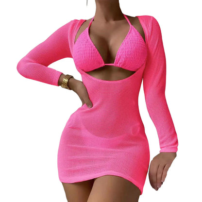 Conjunto de biquíni feminino de 3 peças com sutiã frente única, amarração nas costas e saída de praia em malha. Cor sólida. Ideal para mulheres.