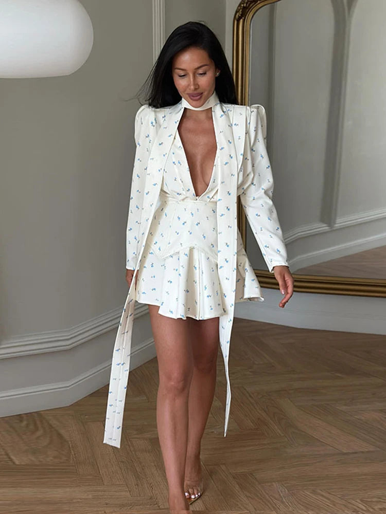 Vestido Feminino Elegante Estampado de Manga Longa com Decote em V e Faixa na Cintura, Vestido Mini Chique para Férias de Verão 2026