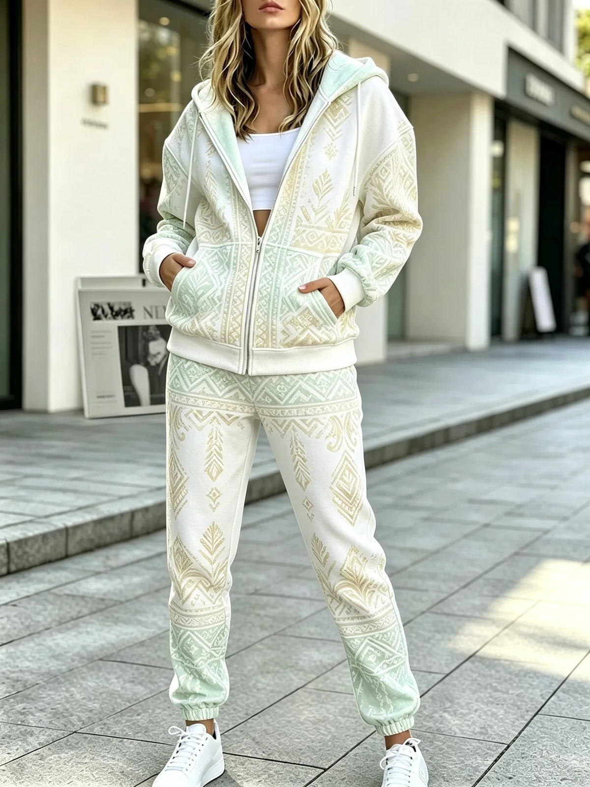 Conjunto Feminino de Moletom com Capuz e Calça com Zíper, Estampa 3D, Estilo Casual, Nova Coleção Primavera/Verão