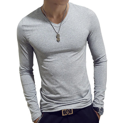 Camiseta masculina de manga comprida com estampa "Cultive a Moralidade" para a Primavera e o Outono, gola redonda, em poliéster liso, nas cores vermelho, azul e preto.