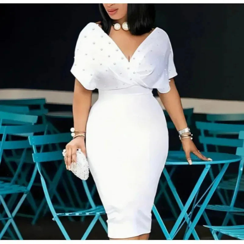 Moda 2025 vestido cor pura sem alças com decote em v meia manga volta zíper frisado vestido de manga curta vestido longo cintura regular