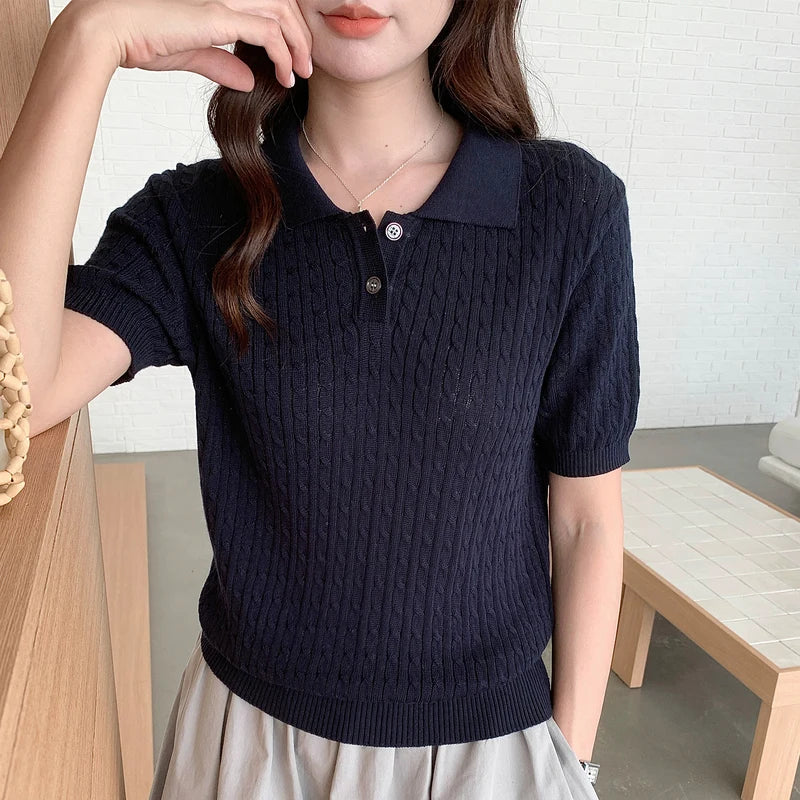 Camiseta Feminina de Algodão WinvyNee, Manga Curta, Azul Sólido, Ajuste Slim, Estilo Y2K, Gola Polo, Casual, Básica ZA1523009