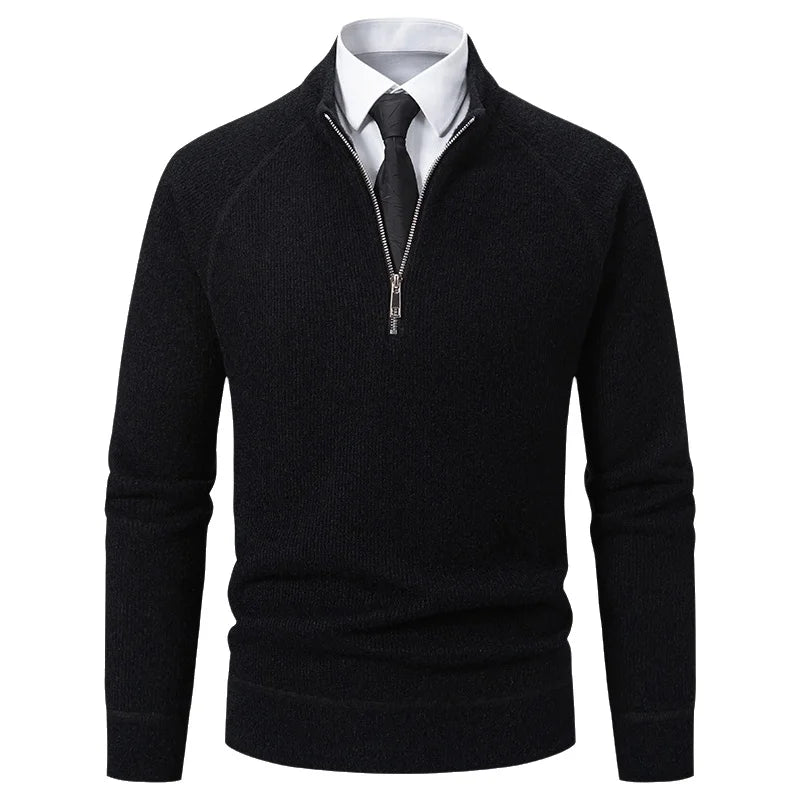 Suéter Masculino de Tricô com Meio Zíper, Gola Alta, Bordado, Casual, Moderno, Inverno, Grosso, Fibra de Poliéster, Manga Longa