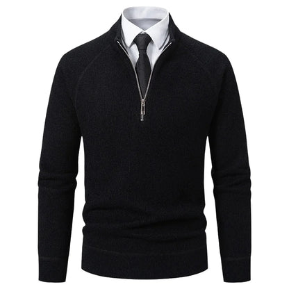Suéter Masculino de Tricô com Meio Zíper, Gola Alta, Bordado, Casual, Moderno, Inverno, Grosso, Fibra de Poliéster, Manga Longa