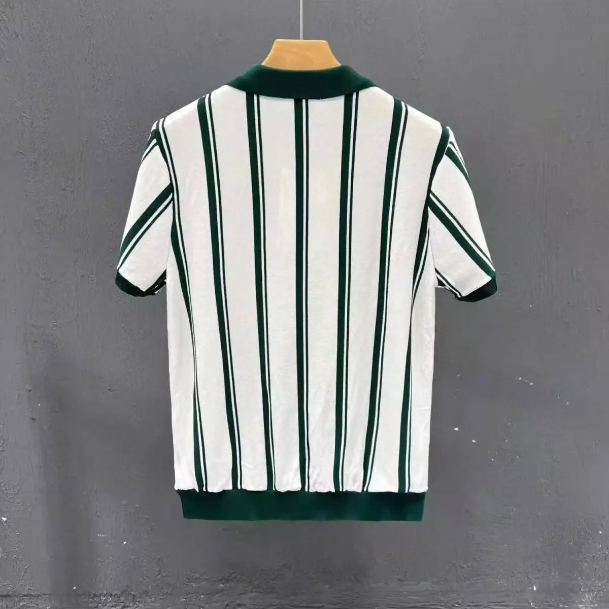 Alta qualidade verão novo masculino tricô listra manga curta camiseta masculina casual botão moda topo camisa polo