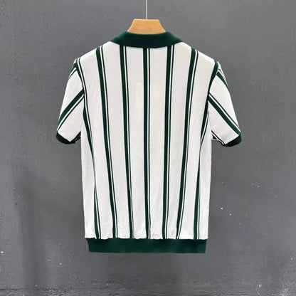 Alta qualidade verão novo masculino tricô listra manga curta camiseta masculina casual botão moda topo camisa polo