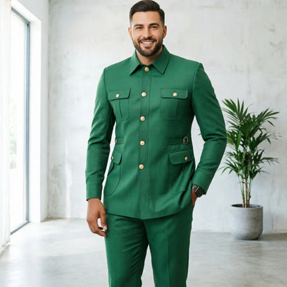 Ternos masculinos pretos, estilo clássico britânico, com botões roxos e dourados, terno safari sob medida, blazer formal para negócios, banquetes, bailes e eventos.