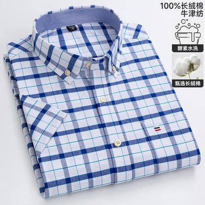 100% algodão puro oxford camisas masculinas manga curta xadrez macio regular ajuste formal vestido camisa blusa social roupas masculinas 6xl 7xl