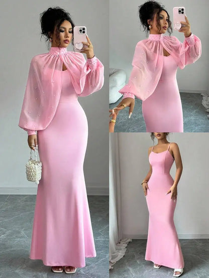 Vestido de Noite Elenzga Novo e Elegante com Charme Madura, Digno e Delicado, Rosa Sonhador, Top de Manga Longa Bordado à Mão, Sereia Graciosa