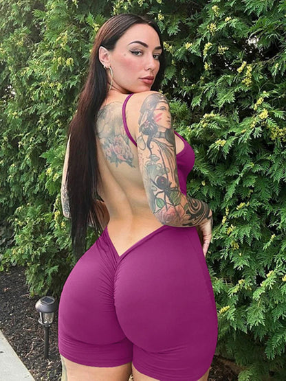 Macacão curto Hugcitar, liso, sem mangas, com decote nas costas, franzido, sexy e justo ao corpo, ideal para o outono, férias e festas.