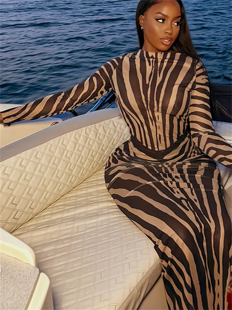 Vestido Maxi Sem Costas com Faixa Estampada Zebra e Manga Comprida, Ajuste Justo e Elástico, Moda Outono, Estilo Clássico Chique Noturno