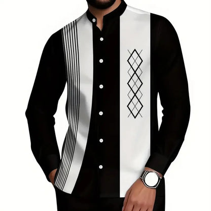 Camisa Masculina de Manga Longa com Gola Mandarim e Estampa Listrada de Diamante, Blusa Casual com Botões