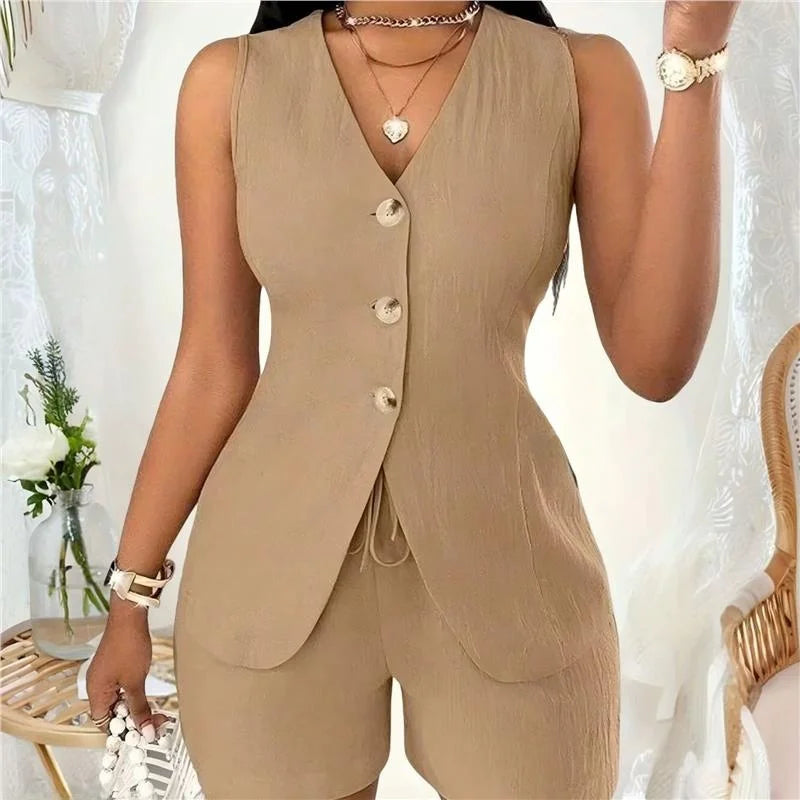 Conjunto Feminino Casual Spicy Girl 2026: Top Sem Mangas e Shorts com Cinto – Terno de Três Peças Moderno para Primavera, Verão e Outono