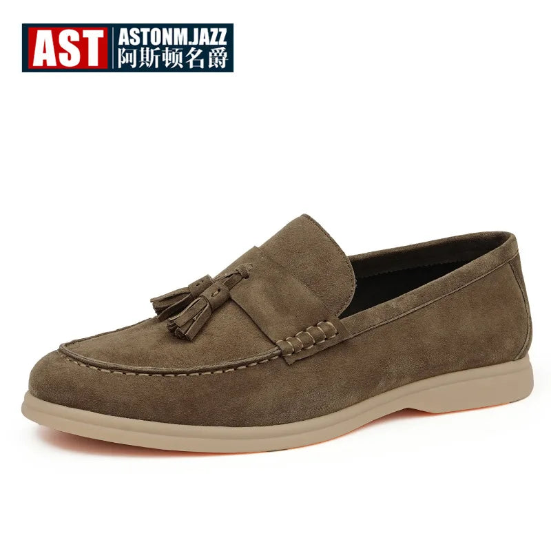 Mocassins Masculinos com Detalhe de Franjas em Couro Legítimo, Sapatos Formais de Negócios com Bico Redondo e Sola Baixa de Borracha, Respirável para o Verão