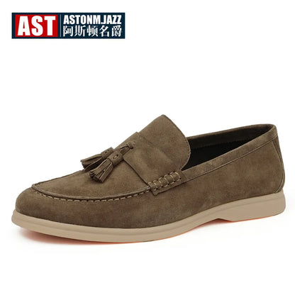 Mocassins Masculinos com Detalhe de Franjas em Couro Legítimo, Sapatos Formais de Negócios com Bico Redondo e Sola Baixa de Borracha, Respirável para o Verão