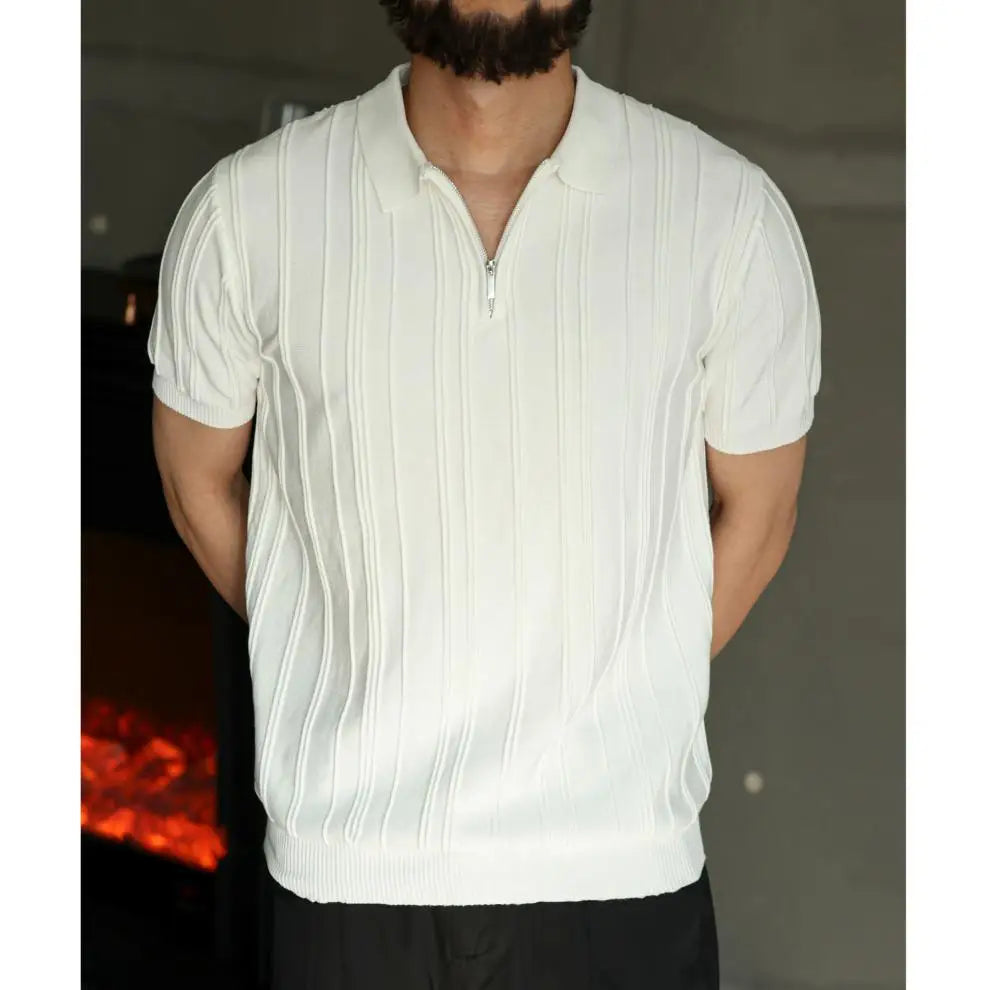 Camisa de Manga Curta Estilo Tricotado Fino de Alta Qualidade com Zíper Masculina Fashion Confortável Casual Solta Coreana que Combina com Tudo