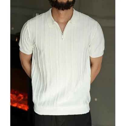 Camisa de Manga Curta Estilo Tricotado Fino de Alta Qualidade com Zíper Masculina Fashion Confortável Casual Solta Coreana que Combina com Tudo