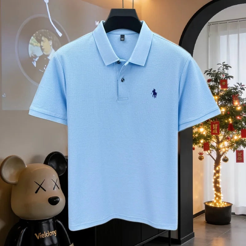 Camisa Polo Masculina de Manga Curta 100% Algodão Puro de Marca de Luxo, Coleção Verão 2026, com Bordado de Pônei, Estilo Golfe e Casual