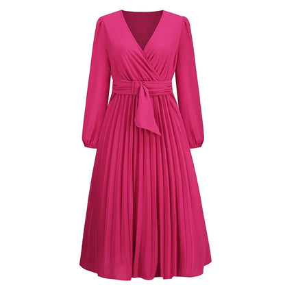 Elegante feminino verde chiffon outono/inverno manga longa fino ajuste vestido plissado moda feminina com decote em v cinto vestidos de festa S-2XL