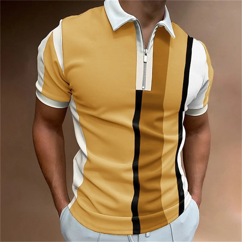 Camisa polo masculina listras manga curta camiseta masculina respirável topos negócios turn down collar streetwear marca de luxo alta qualidade
