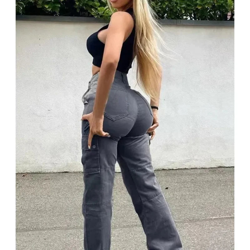 Mulheres cintura alta alta elástica sólida jeans 2023 novo outono jeans feminino workwear com bolso denim calças de perna reta calças de carga
