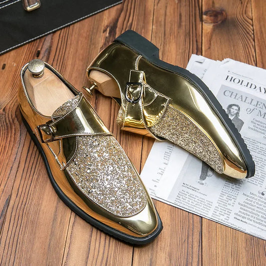 Sapatos masculinos casuais verão brilho ouro vestido de couro patente para homens mocassins de ouro negócios apontou bussiness luxo