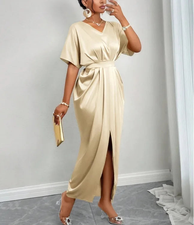 Vestido de verão feminino sólido cetim sexy vestido longo com decote em v manga curta vestido fino casual vestido de festa vestidos um passo vestido dividido