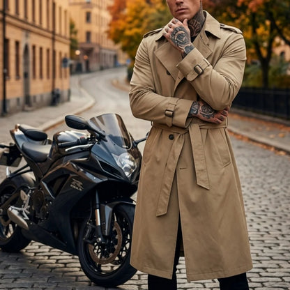Casaco Masculino Fino de Outono, Estilo Trench Longo, com Cinto de Oferta, Extra Longo, Quebra-vento, Dragonas e Abotoamento Duplo, Vestuário Masculino Casual