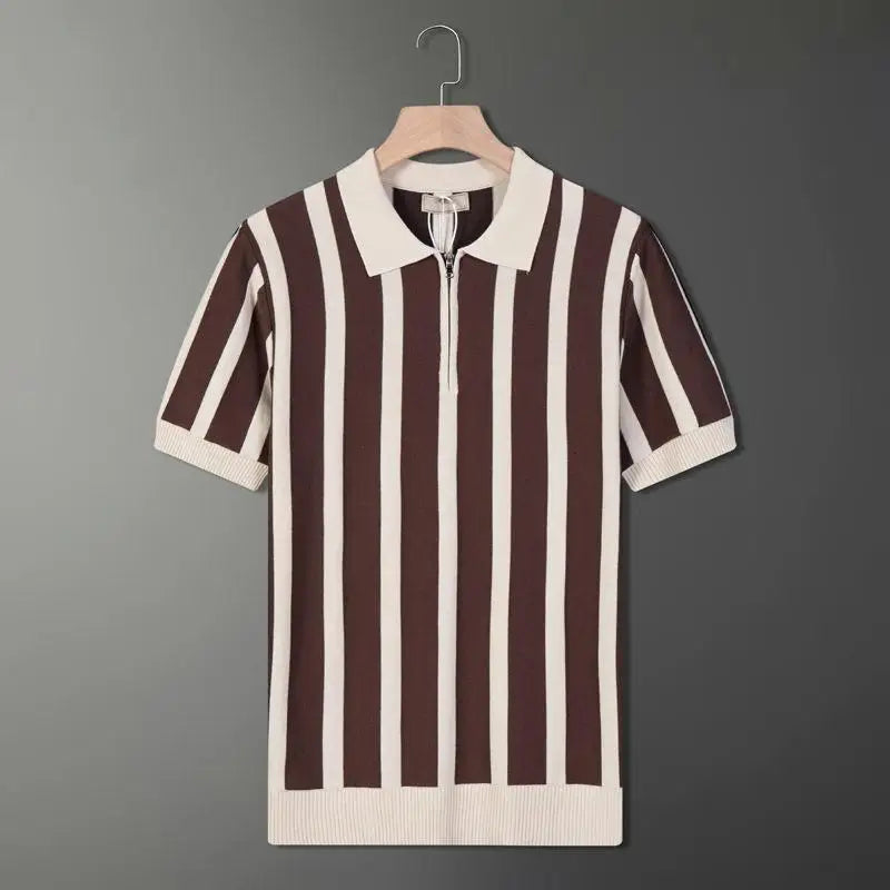 Turn-down Collar Zipper  Shirt Short Sleeve Ice Silk Knitted Stripe Pattern Fashionable Urban Style Men's Summer Top