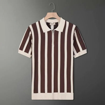 Turn-down Collar Zipper  Shirt Short Sleeve Ice Silk Knitted Stripe Pattern Fashionable Urban Style Men's Summer Top