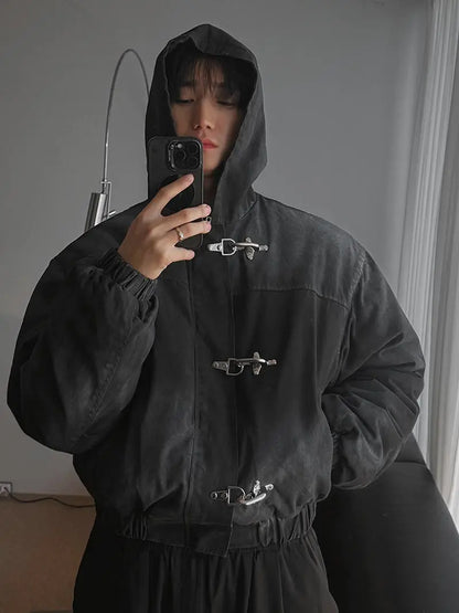 Jaqueta Masculina Americana com Botões de Pressão, Estilo High Street Oversized, Moletom com Capuz Y2K Retrô Harajuku Punk, Roupa Masculina
