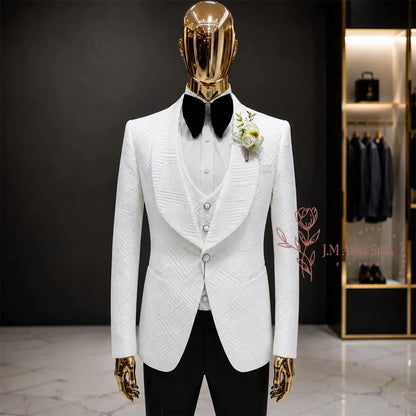 Terno de Casamento Masculino de Alta Costura Branco para Noivo, 3 Peças, com Blazer Jacquard de Lapela Xale, Colete e Calças Pretas, Conjunto Formal Slim Fit