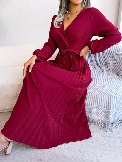 Vestido maxi feminino elegante com decote em V e manga comprida plissado