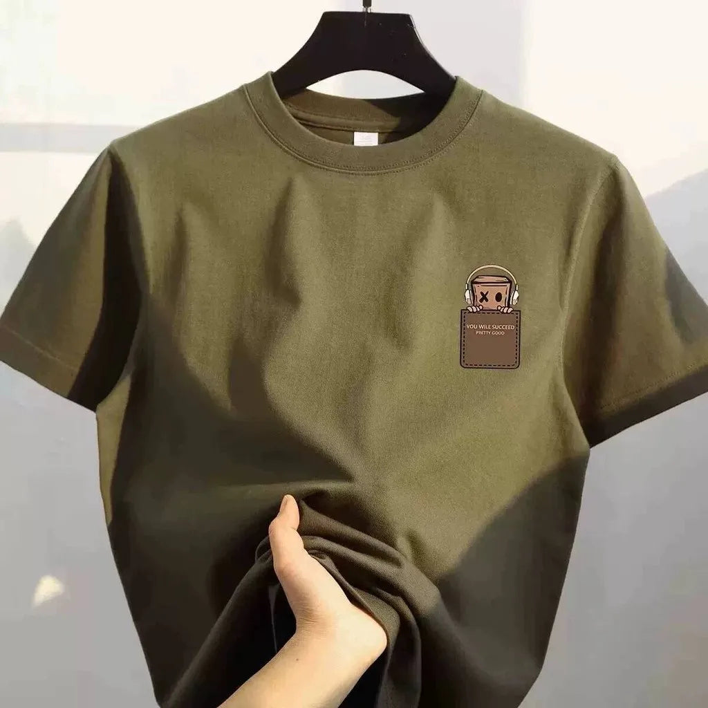 Camiseta masculina de algodão com estampa simples, estilo vintage americano, modelagem ampla, manga curta, gola redonda, unissex.