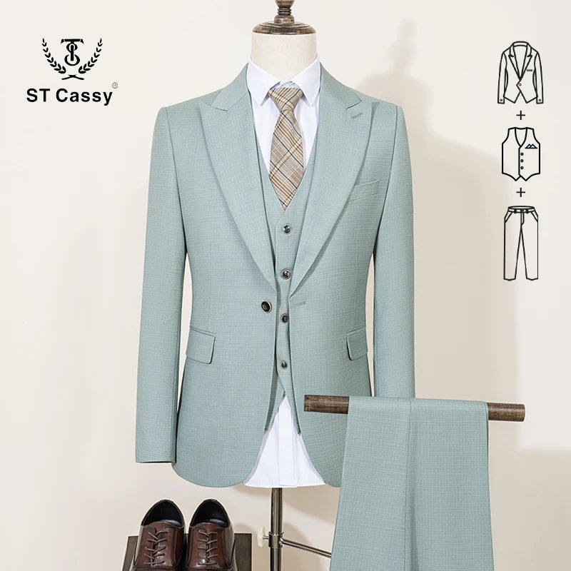 Conjunto de Terno Masculino ST Cassy Novo Estilo Fino de Três Peças Verde Slim Fit Formal para Escritório (jaqueta+colete+calças)