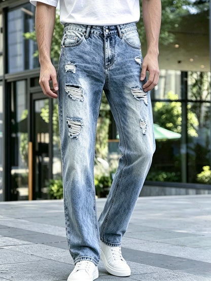 Calças Jeans Masculinas em Denim, Calças de Lavagem Clara com Rasgos, Jeans de Perna Reta