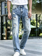 Calças Jeans Masculinas em Denim, Calças de Lavagem Clara com Rasgos, Jeans de Perna Reta