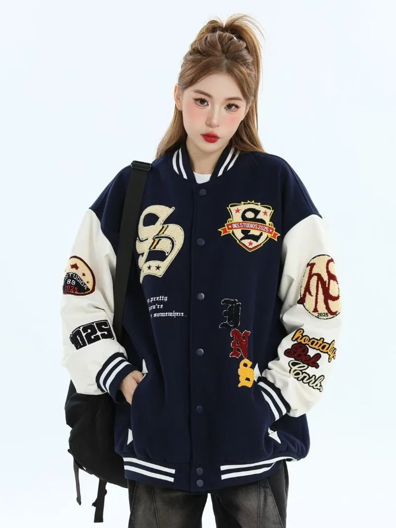 Jaquetas Varsity Bordadas Masculinas com Mangas em PU, Jaquetas Bomber Vintage Femininas, Moda Streetwear Americana Unissex