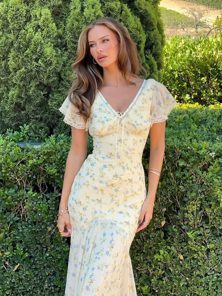 Vestido Midi Feminino Chique Verde Estampado com Renda, Elegante, Meia Manga, Justo, Abotoamento Frontal, Decote V, Vestidos Casuais Femininos