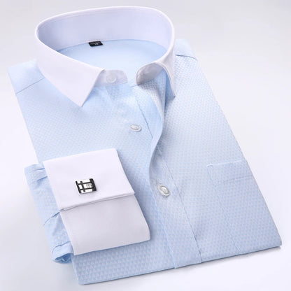 Camisa masculina com gola espalhada, punho francês, manga comprida, botões formais de negócios, camisas de casamento masculinas, ajuste regular, camisa com abotoaduras